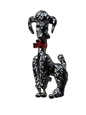 Poodle Brooch With Enamel Red Bow Tie Dog Silver Tone 1.5" Vintage Pet Lovers